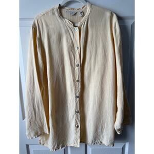 J. Jill Vintage Linen Button Down Butter Yellow Mandarin Collar Size L Coastal